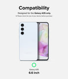 Galaxy A35 Screen Protector | Easy Slide Tempered Glass - Galaxy A35 Screen Protector - Compatibility graphic showing a light blue Galaxy A35 smartphone with a 6.6-inch display.