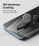 Galaxy A35 Screen Protector | Easy Slide Tempered Glass - Galaxy A35 Screen Protector - A metal key rests on a tempered glass screen protector, demonstrating 9H scratch resistance.