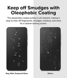 Galaxy A35 Screen Protector | Easy Slide Tempered Glass - Galaxy A35 Screen Protector - Comparison showing clean oleophobic glass versus a smudged screen with water droplets.