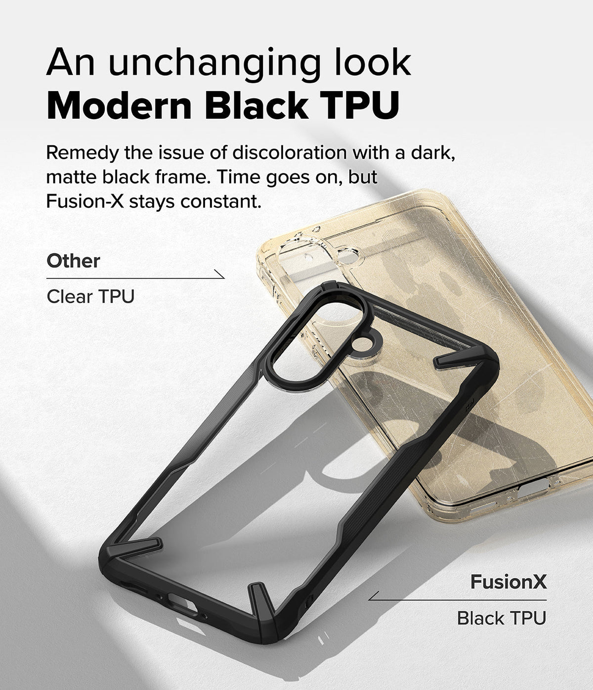 Galaxy A36 / A56 Case | Fusion-X - Comparison of a yellowed clear case and a pristine black Fusion-X phone case.