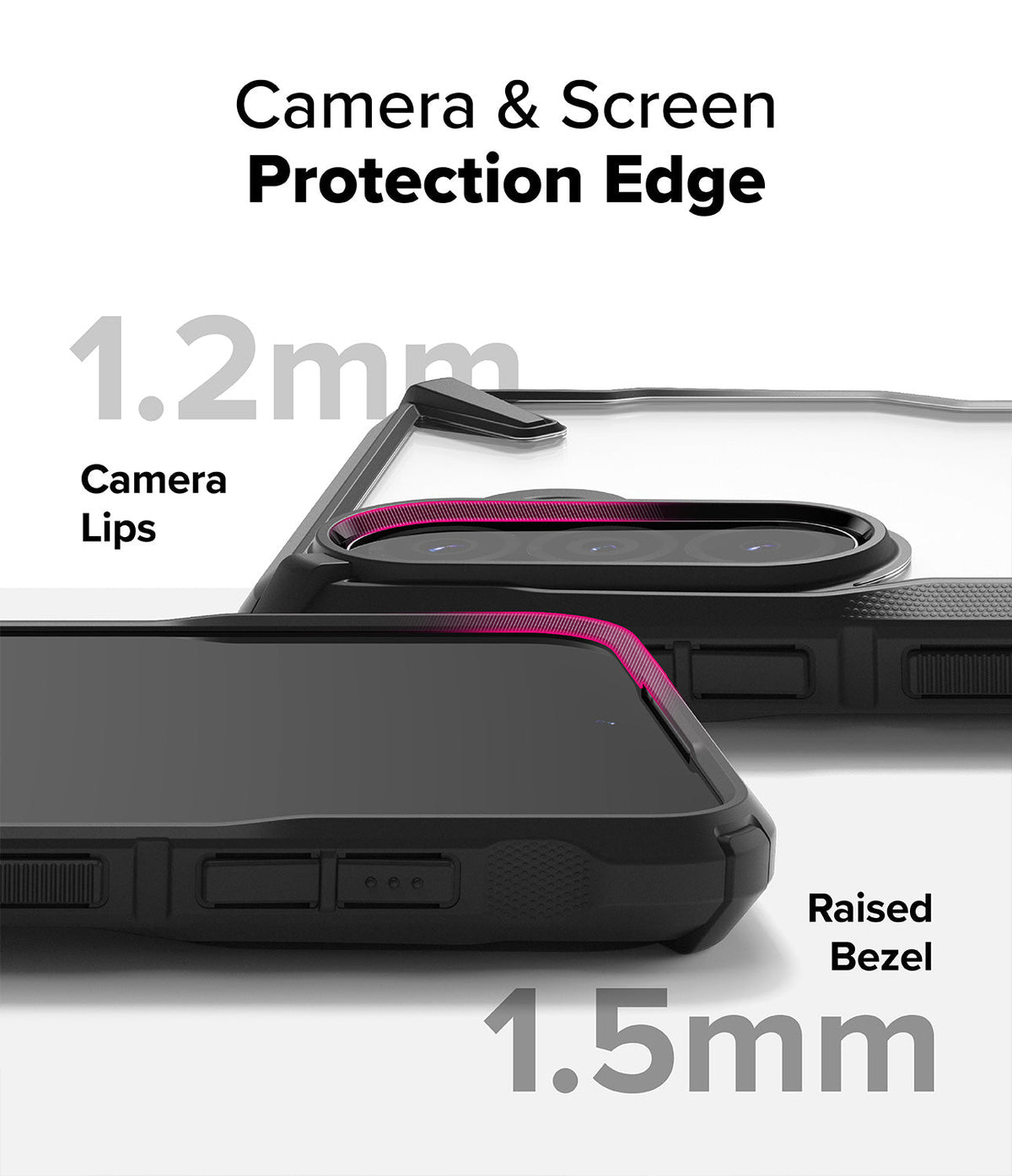 Galaxy A36 / A56 Case | Fusion-X - Close-up of phone case showing 1.2mm camera lips and 1.5mm raised screen bezel for protection.