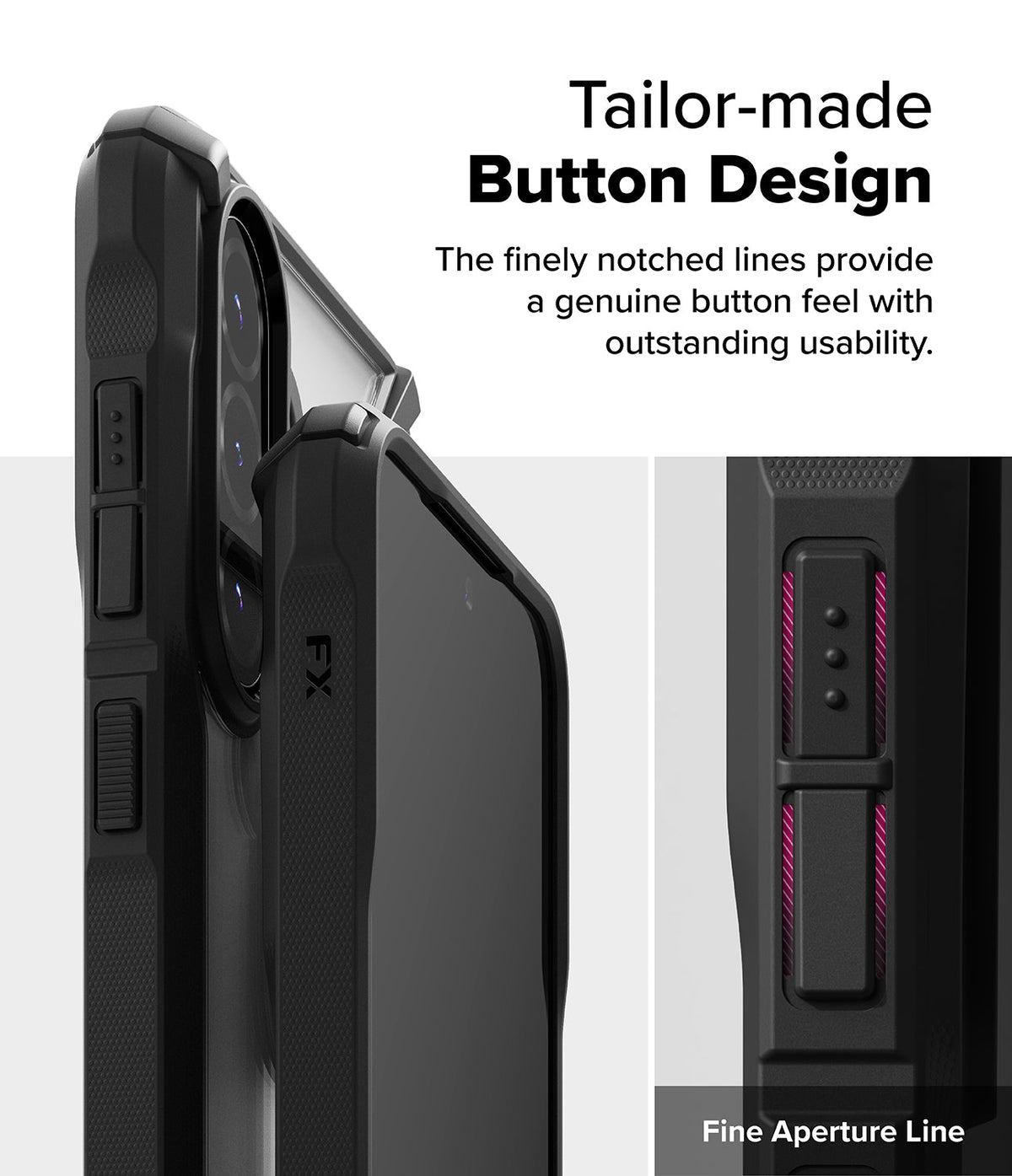 Galaxy A36 / A56 Case | Fusion-X - Close-up of a black phone case highlighting the textured, notched button design.