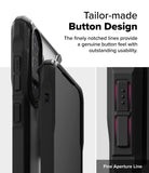Galaxy A36 / A56 Case | Fusion-X - Close-up of a black phone case highlighting the textured, notched button design.