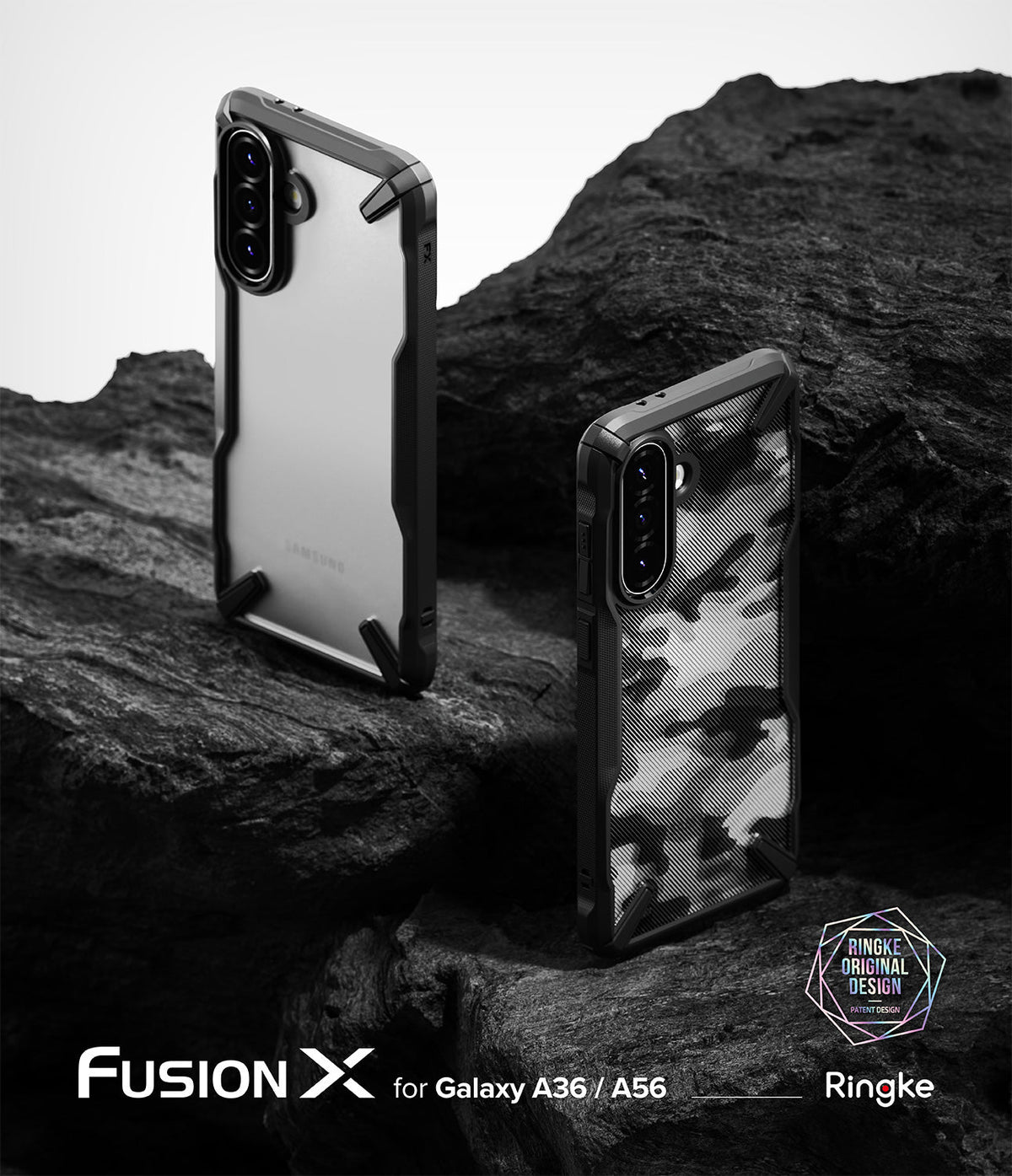 Galaxy A36 / A56 Case | Fusion-X - Two Fusion-X phone cases on dark rocks, one clear and one with a black camo pattern.