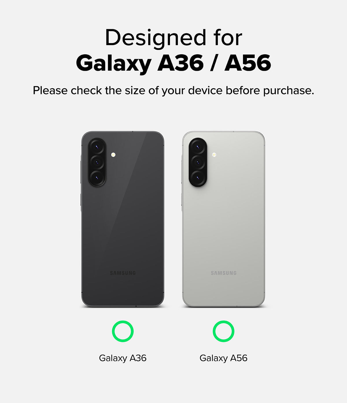 Galaxy A36 / A56 Case | Fusion-X - Comparison of dark gray Galaxy A36 and light gray Galaxy A56 smartphones with triple cameras.