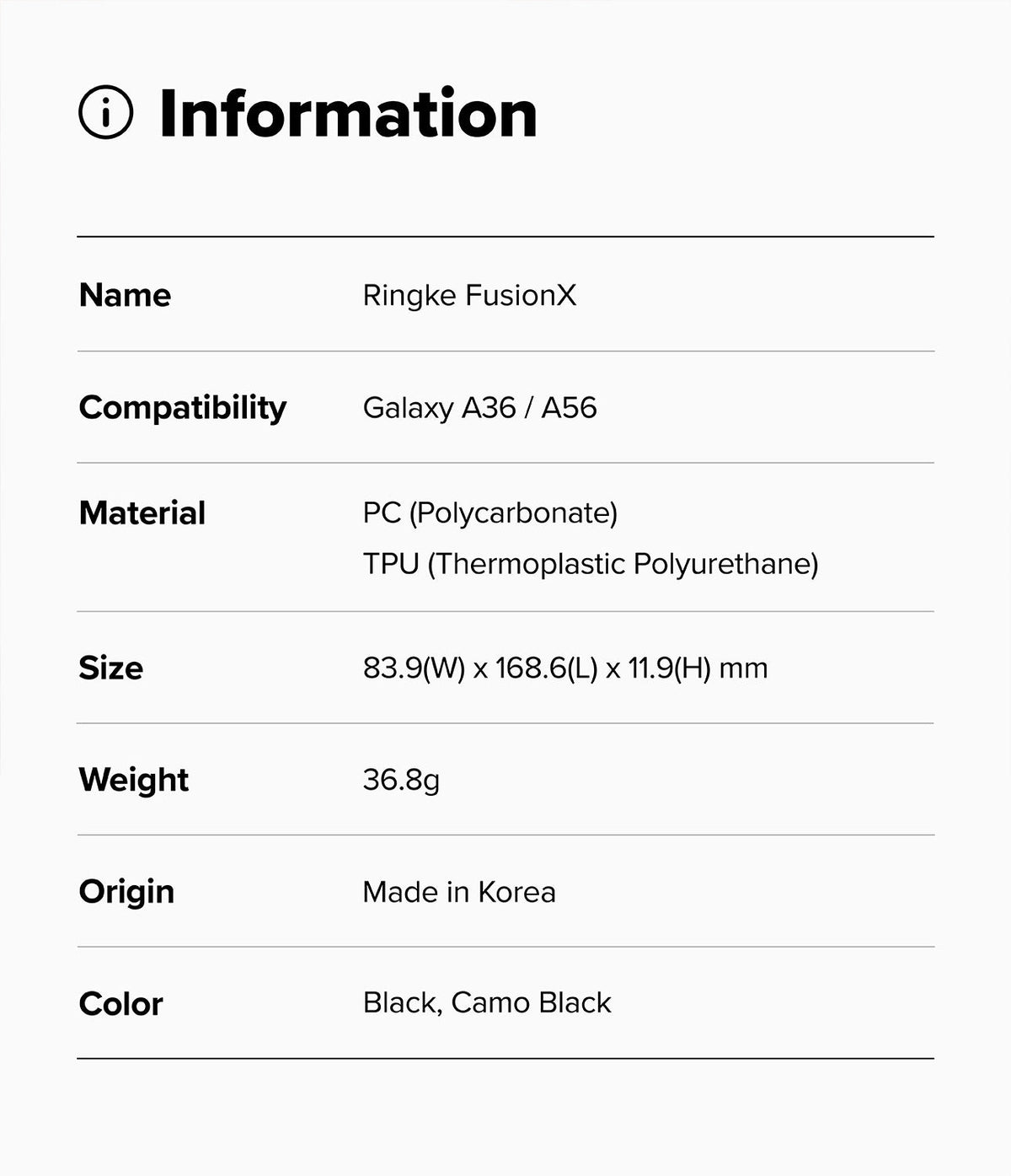 Galaxy A36 / A56 Case | Fusion-X - Information table listing specifications for the Ringke FusionX case for Galaxy A36/A56.
