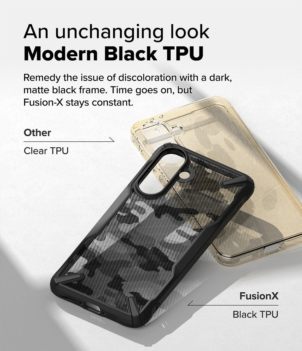 Galaxy A36 / A56 Case | Fusion-X - Comparison of a yellowed clear phone case and a durable black Fusion-X case.