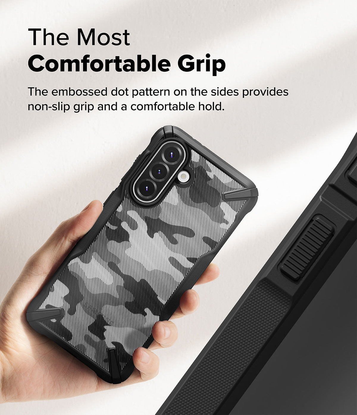 Galaxy A36 / A56 Case | Fusion-X - Hand holding a camo-patterned phone case with textured side grips for comfort.