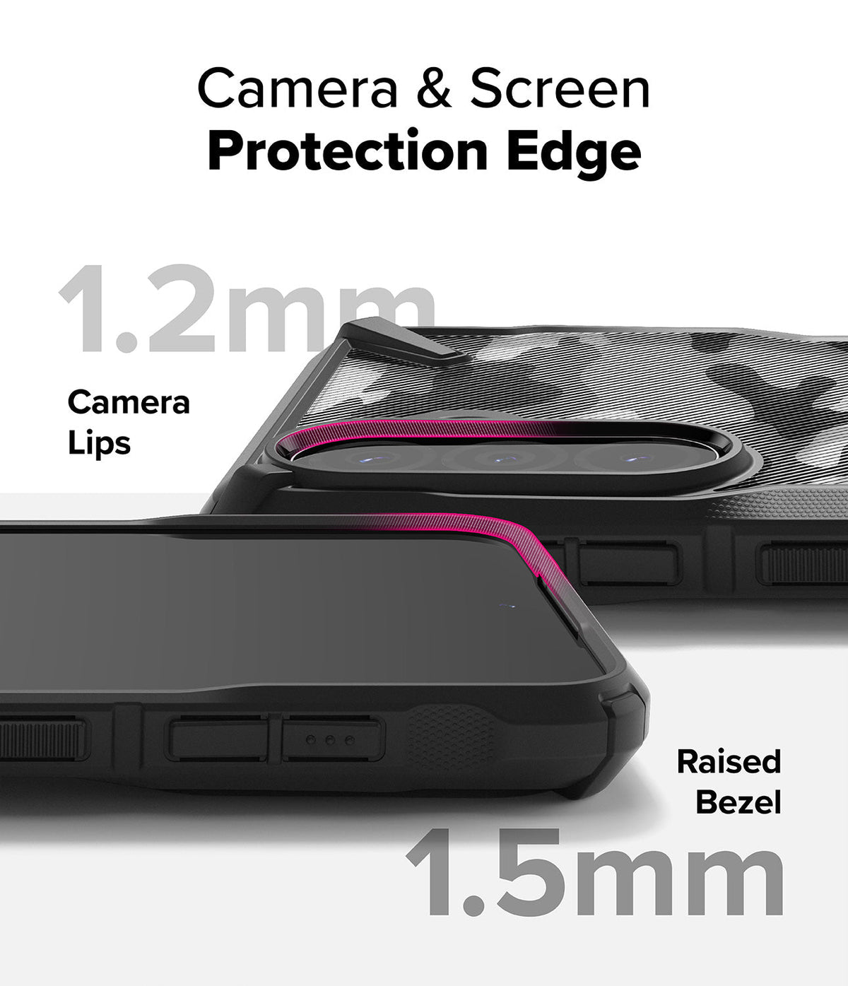 Galaxy A36 / A56 Case | Fusion-X - Phone case showing 1.2mm camera lips and 1.5mm raised screen bezel for protection.