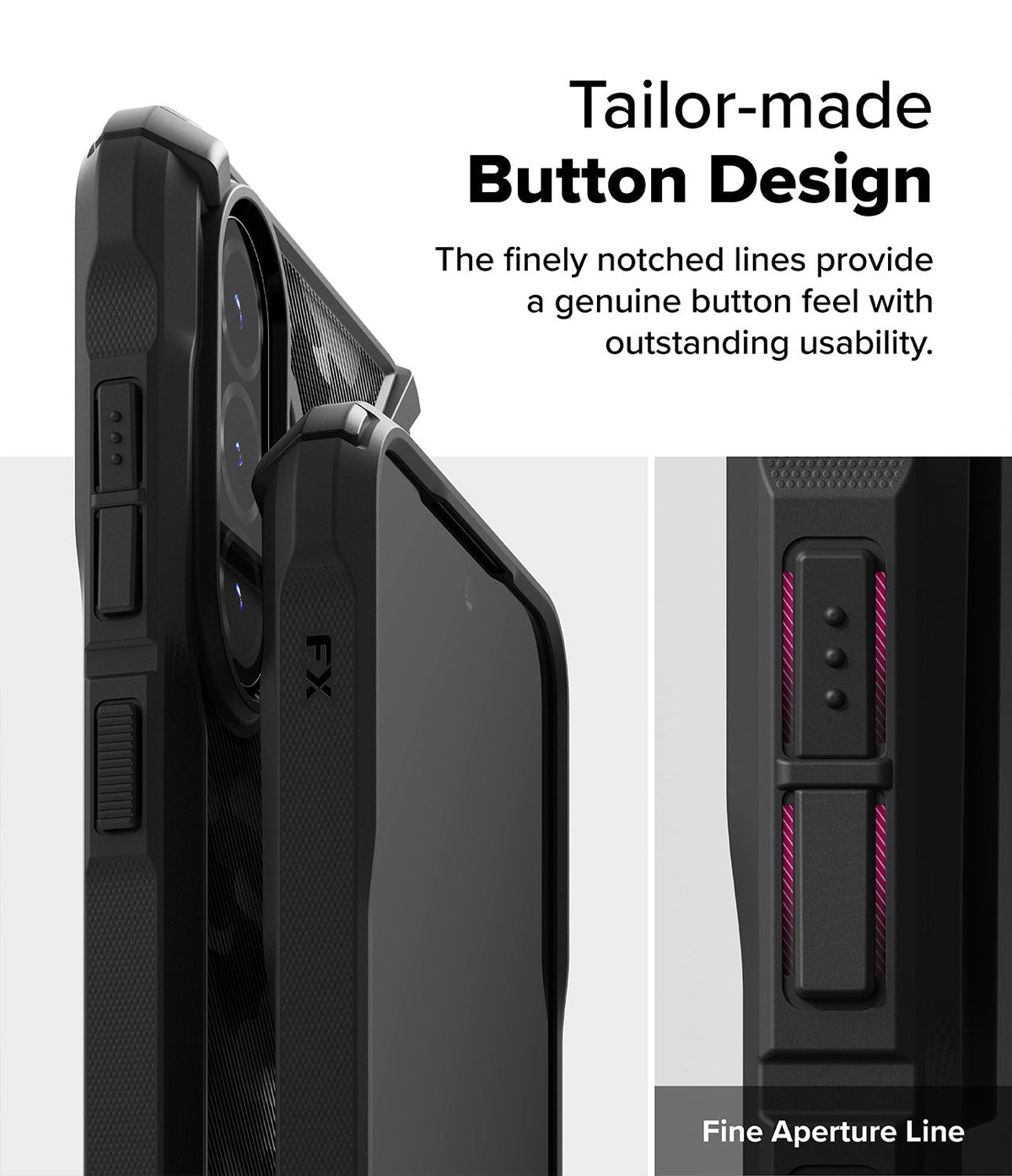 Galaxy A36 / A56 Case | Fusion-X - Close-up of a black phone case showing textured, notched buttons for tactile feedback.