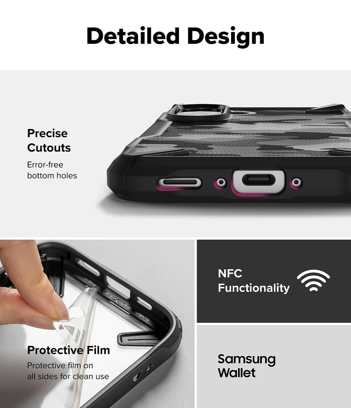 Galaxy A36 / A56 Case | Fusion-X - Close-up of phone case cutouts, protective film removal, and NFC/Samsung Wallet compatibility.
