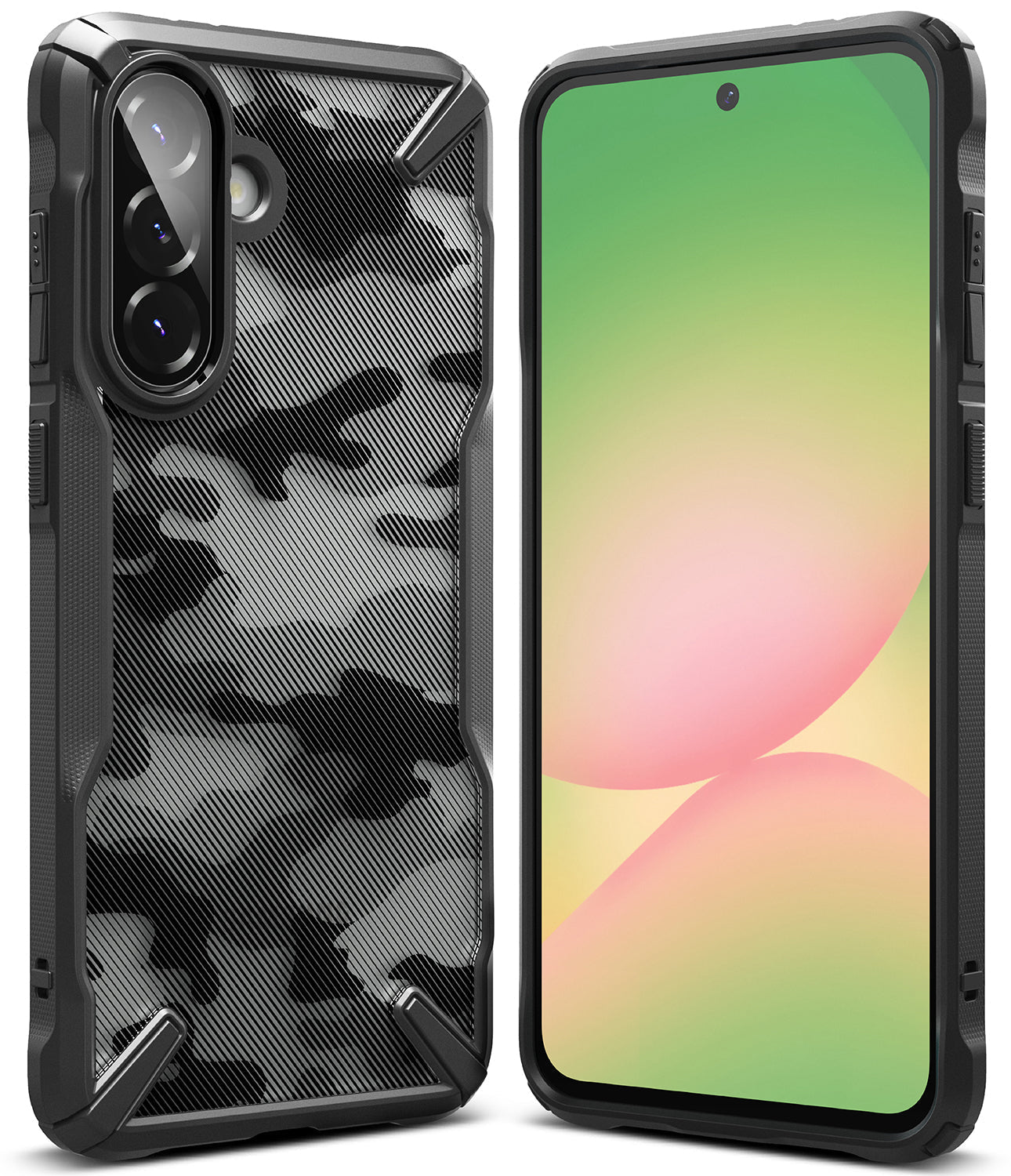 Galaxy A36 / A56 Case | Fusion-X - Black camouflage phone case shown from back and front with a green and pink gradient screen.