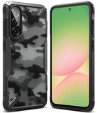 Galaxy A36 / A56 Case | Fusion-X - Black camouflage phone case shown from back and front with a green and pink gradient screen.