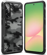 Galaxy A36 / A56 Case | Fusion-X - Black camouflage phone case shown from back and front with a green and pink gradient screen.