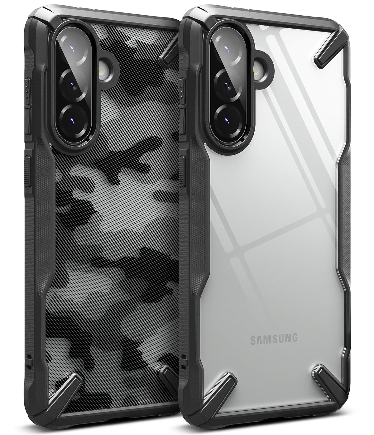 Galaxy A36 / A56 Case | Fusion-X - Two rugged phone cases with black bumpers, one with camo pattern and one clear back.