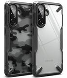 Galaxy A36 / A56 Case | Fusion-X - Two rugged phone cases with black bumpers, one with camo pattern and one clear back.