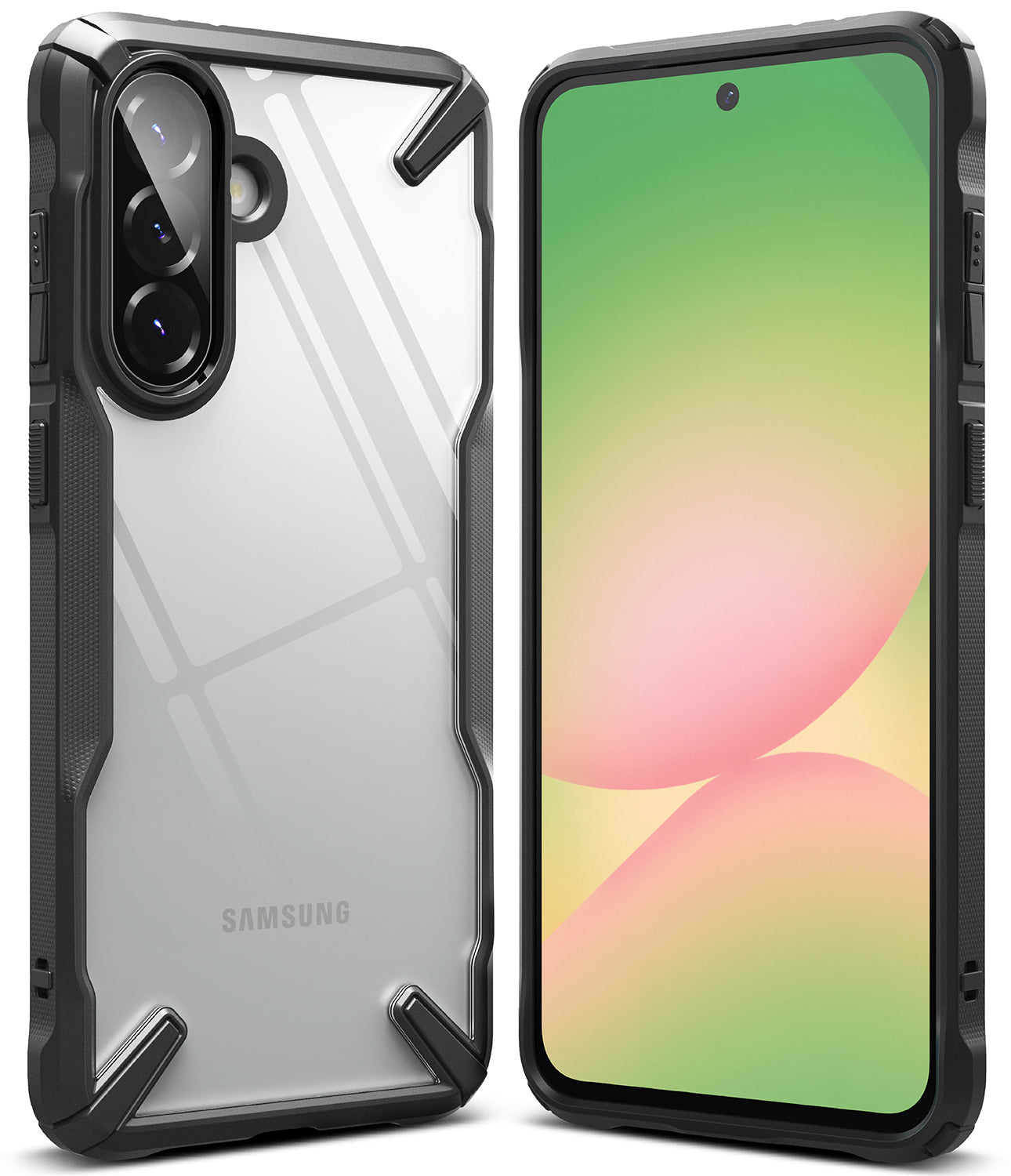 Galaxy A36 / A56 Case | Fusion-X - Clear protective phone case with black reinforced edges shown from front and back.