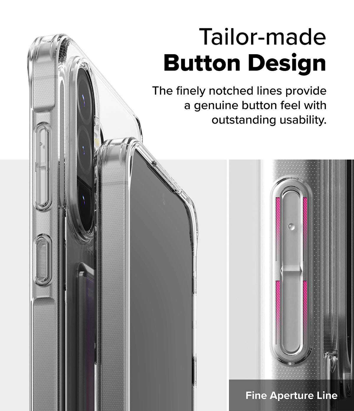 Galaxy A36 / A56 Case | Fusion Card - Clear phone case showing detailed, tactile button design with highlighted notches.