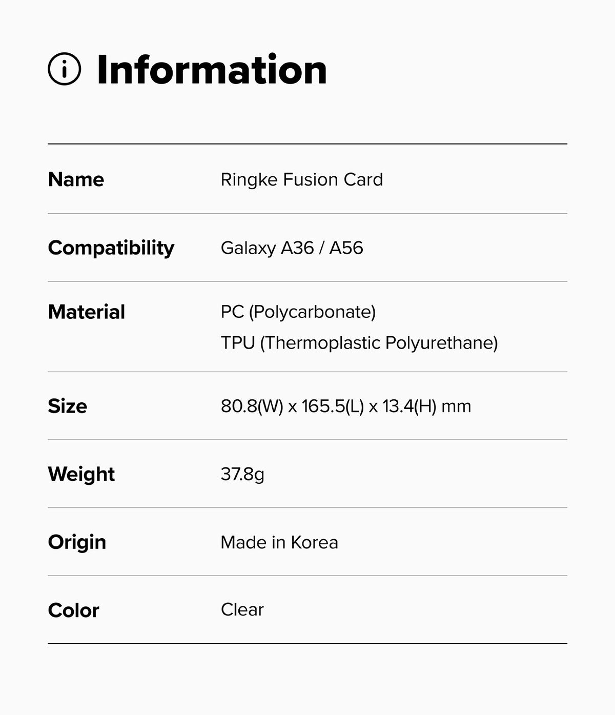 Galaxy A36 / A56 Case | Fusion Card - Specification table listing product name, compatibility, material, size, weight, origin, and color.