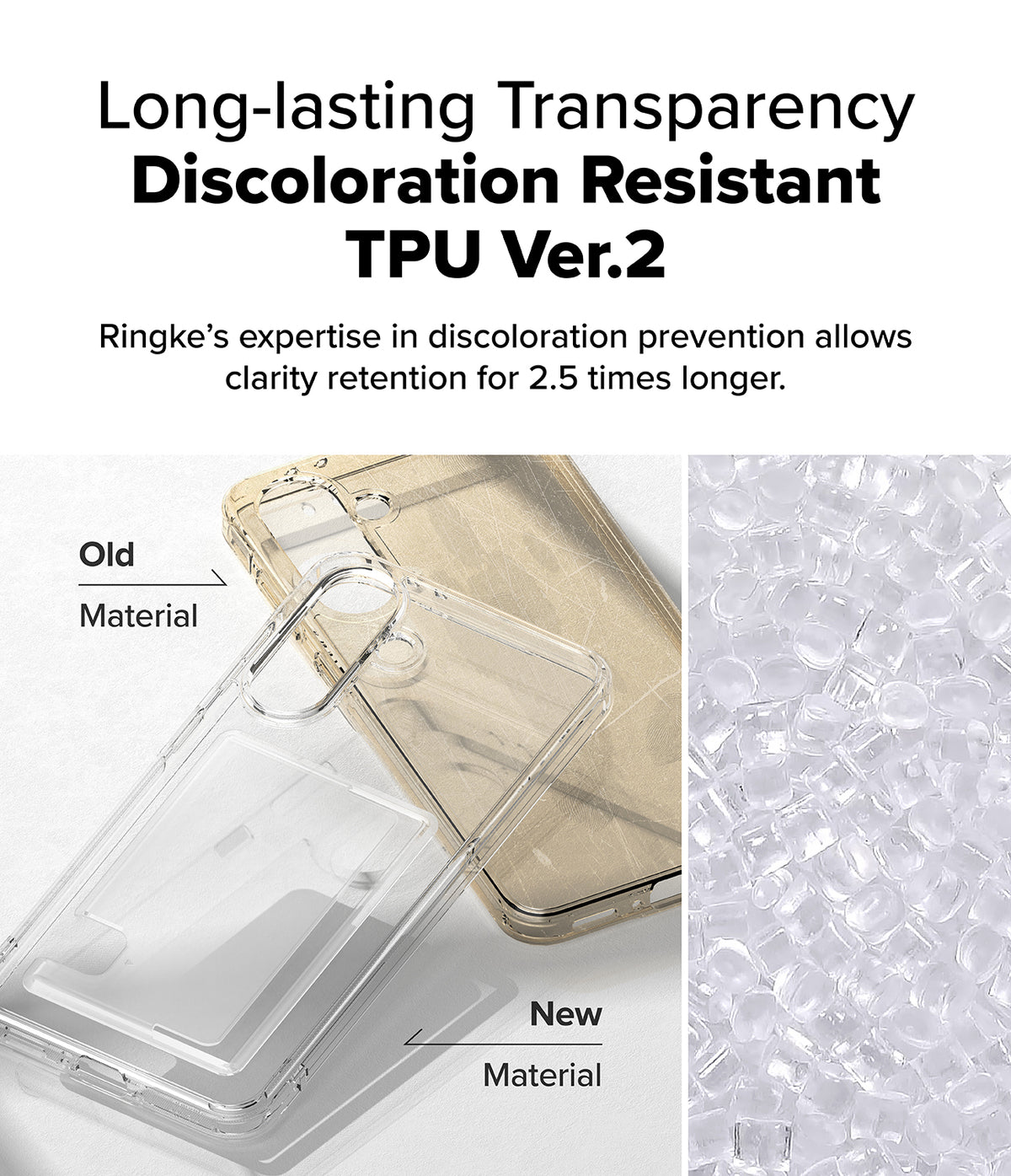 Galaxy A36 / A56 Case | Fusion Card - Comparison of yellowed old TPU material versus clear new TPU material for phone cases.