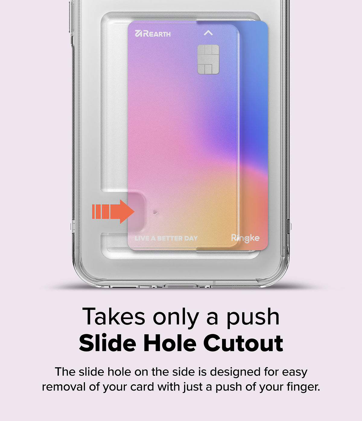 Galaxy A36 / A56 Case | Fusion Card - Clear phone case with a gradient card inside and an arrow pointing to the slide-out cutout.