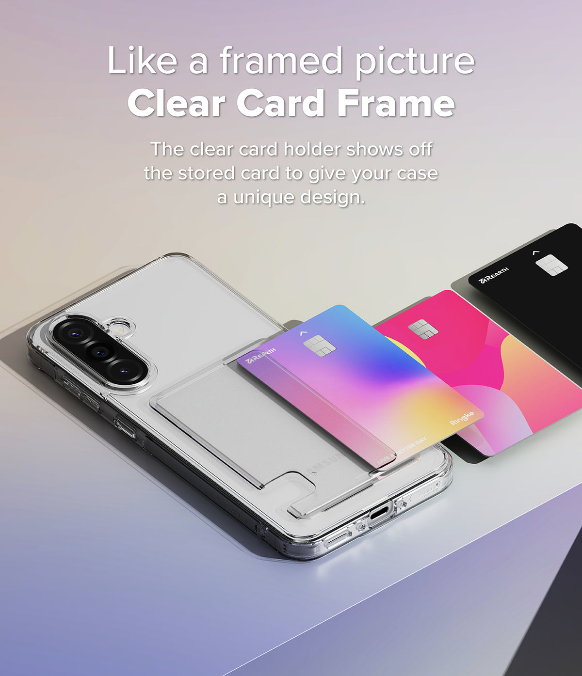 Galaxy A36 / A56 Case | Fusion Card - Clear phone case with a card slot holding a gradient card, with two extra cards nearby.