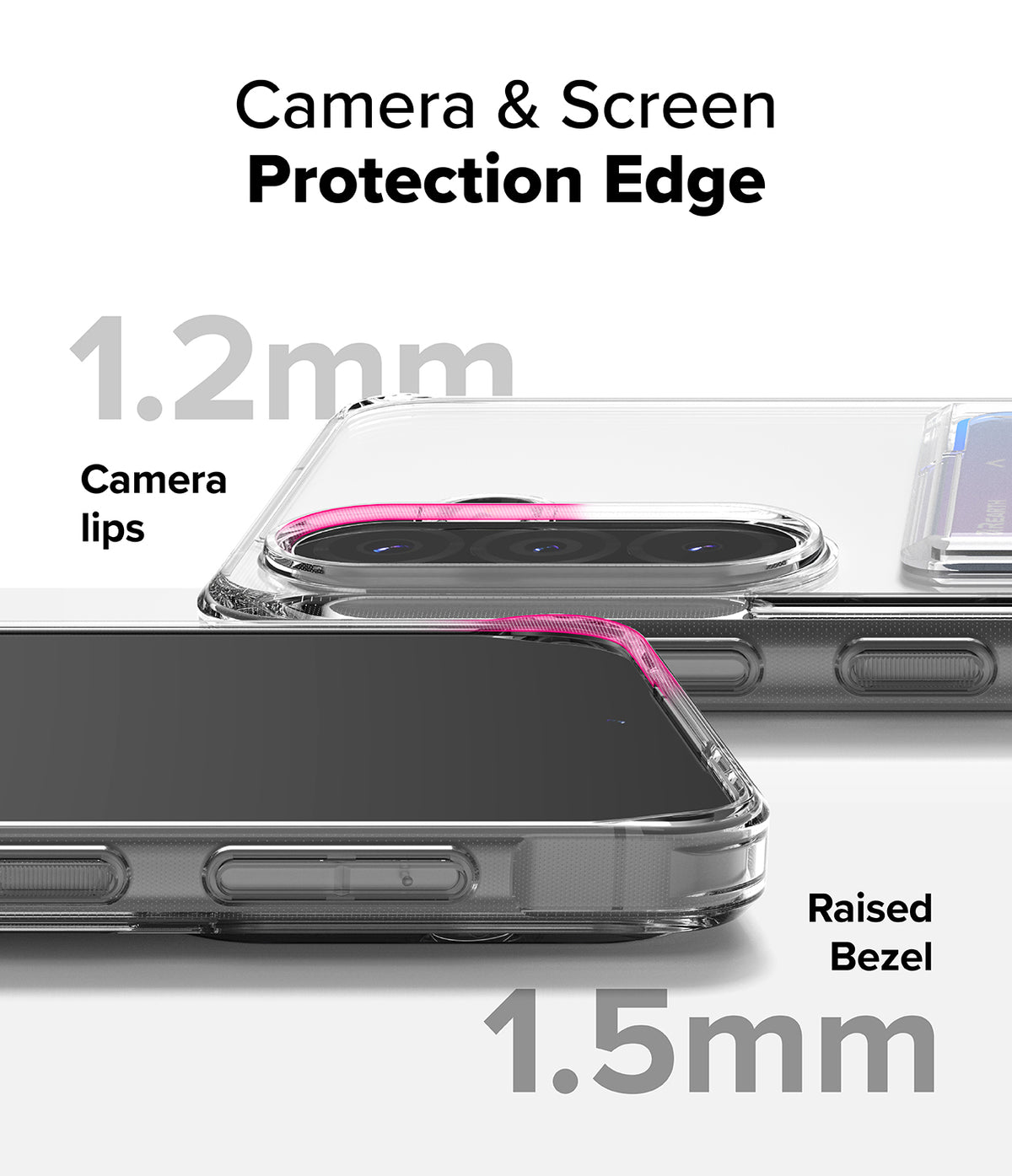 Galaxy A36 / A56 Case | Fusion Card - Close-up of phone case showing 1.2mm camera lips and 1.5mm raised screen bezel.
