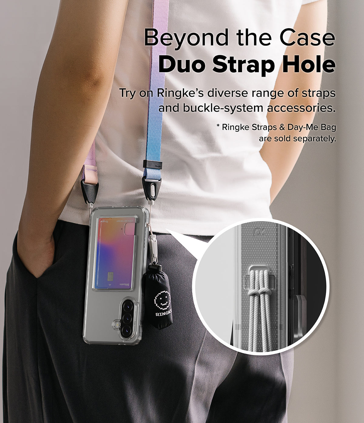 Galaxy A36 / A56 Case | Fusion Card - Phone in clear case with card holder and colorful strap, featuring a close-up of the duo strap hole.