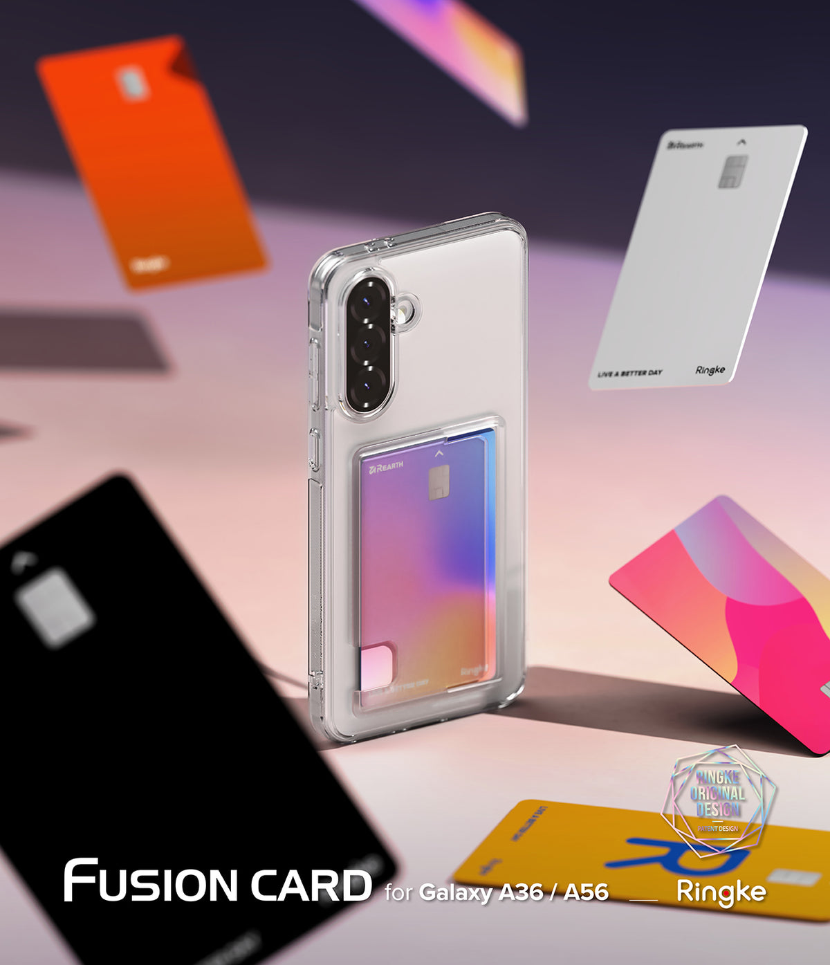 Galaxy A36 / A56 Case | Fusion Card - Clear phone case with a card slot holding an iridescent card, surrounded by floating colorful cards.