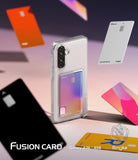 Galaxy A36 / A56 Case | Fusion Card - Clear phone case with a card slot holding an iridescent card, surrounded by floating colorful cards.