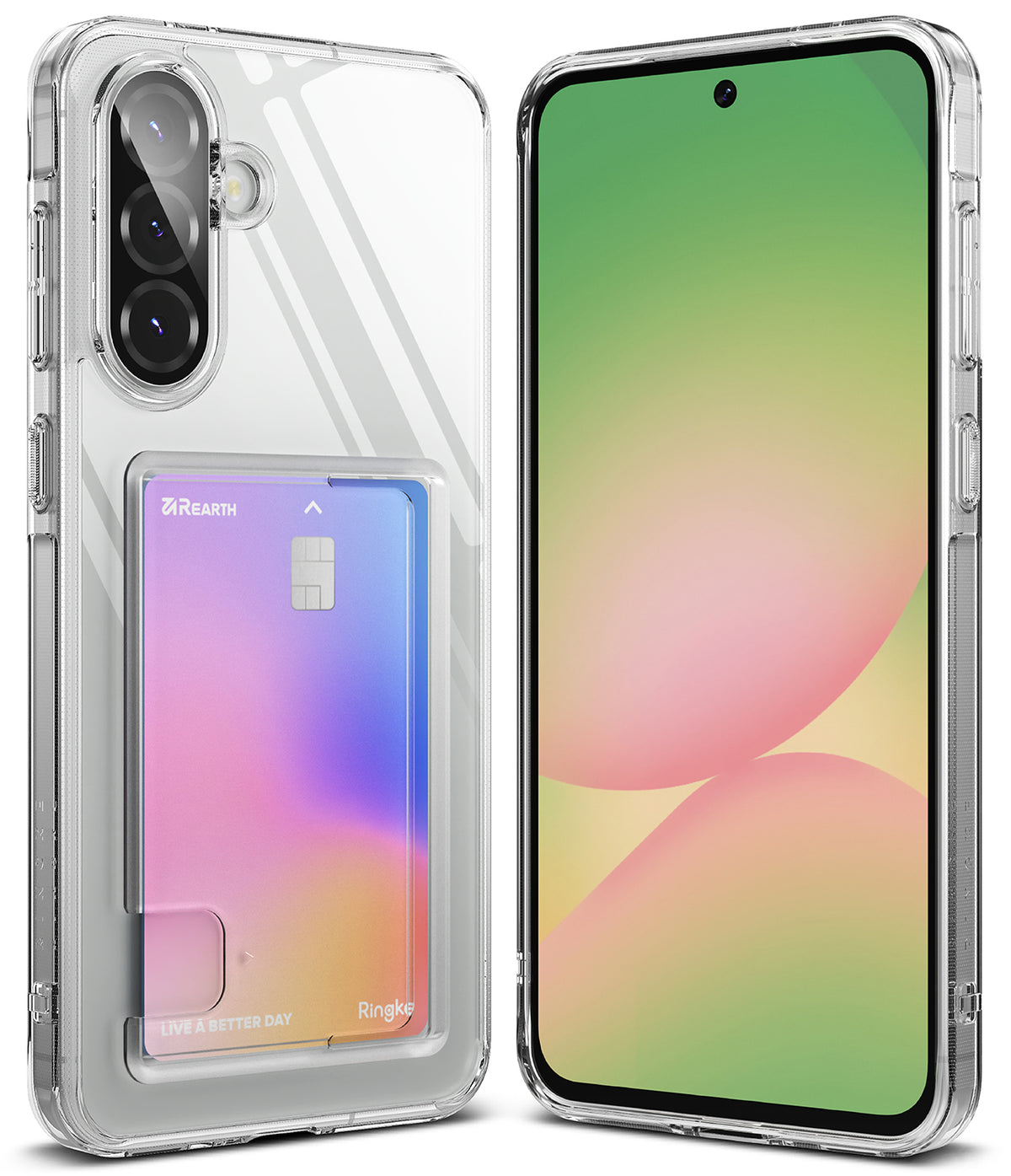 Galaxy A36 / A56 Case | Fusion Card - Clear phone case with a card slot holding a colorful gradient card on a smartphone.