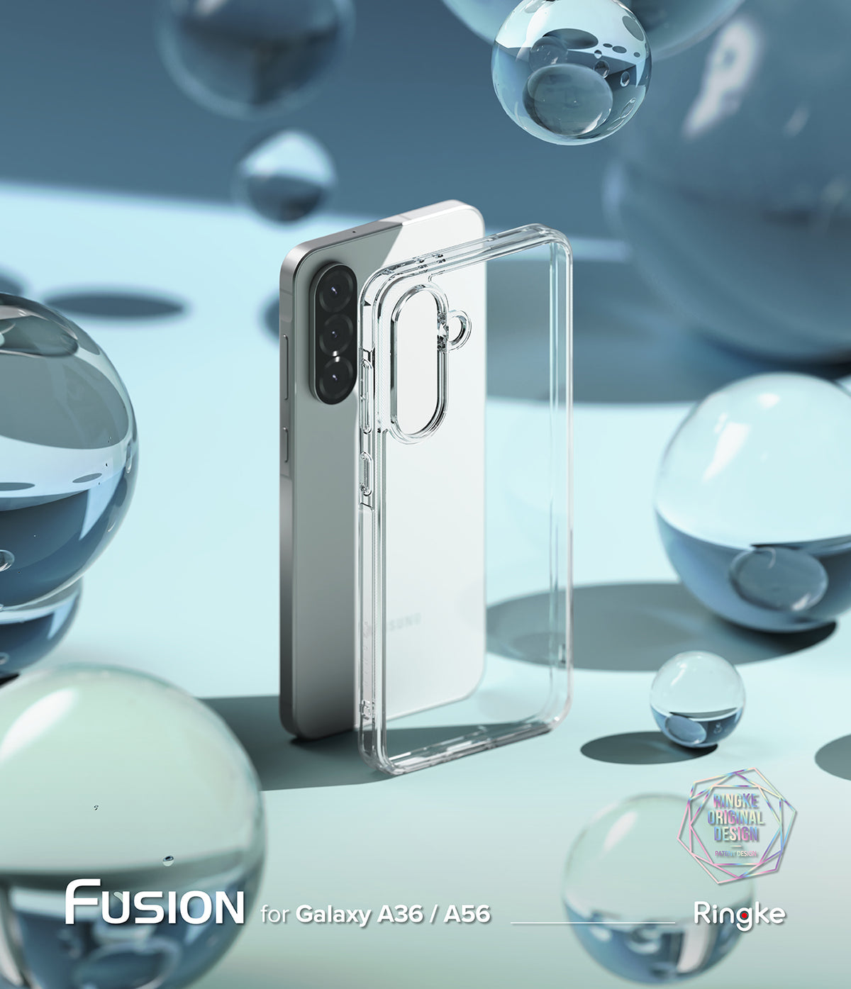 Galaxy A36 / A56 Case | Fusion - Clear phone case standing next to a silver smartphone surrounded by floating water orbs.