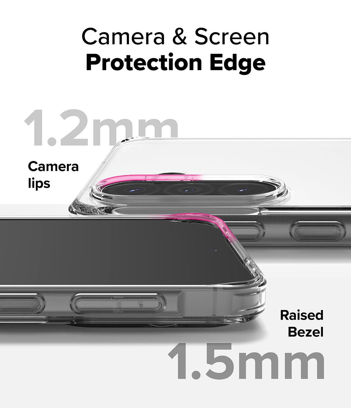 Galaxy A36 / A56 Case | Fusion - Clear phone case showing 1.2mm camera lips and 1.5mm raised screen bezel for protection.