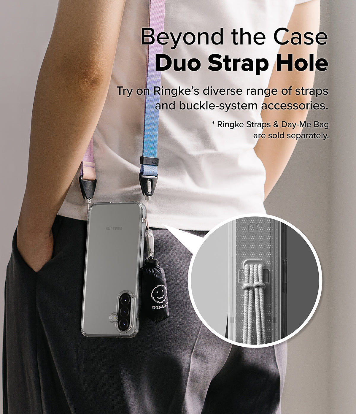 Galaxy A36 / A56 Case | Fusion - Person wearing a phone case with a colorful strap and small bag attached to the duo strap hole.