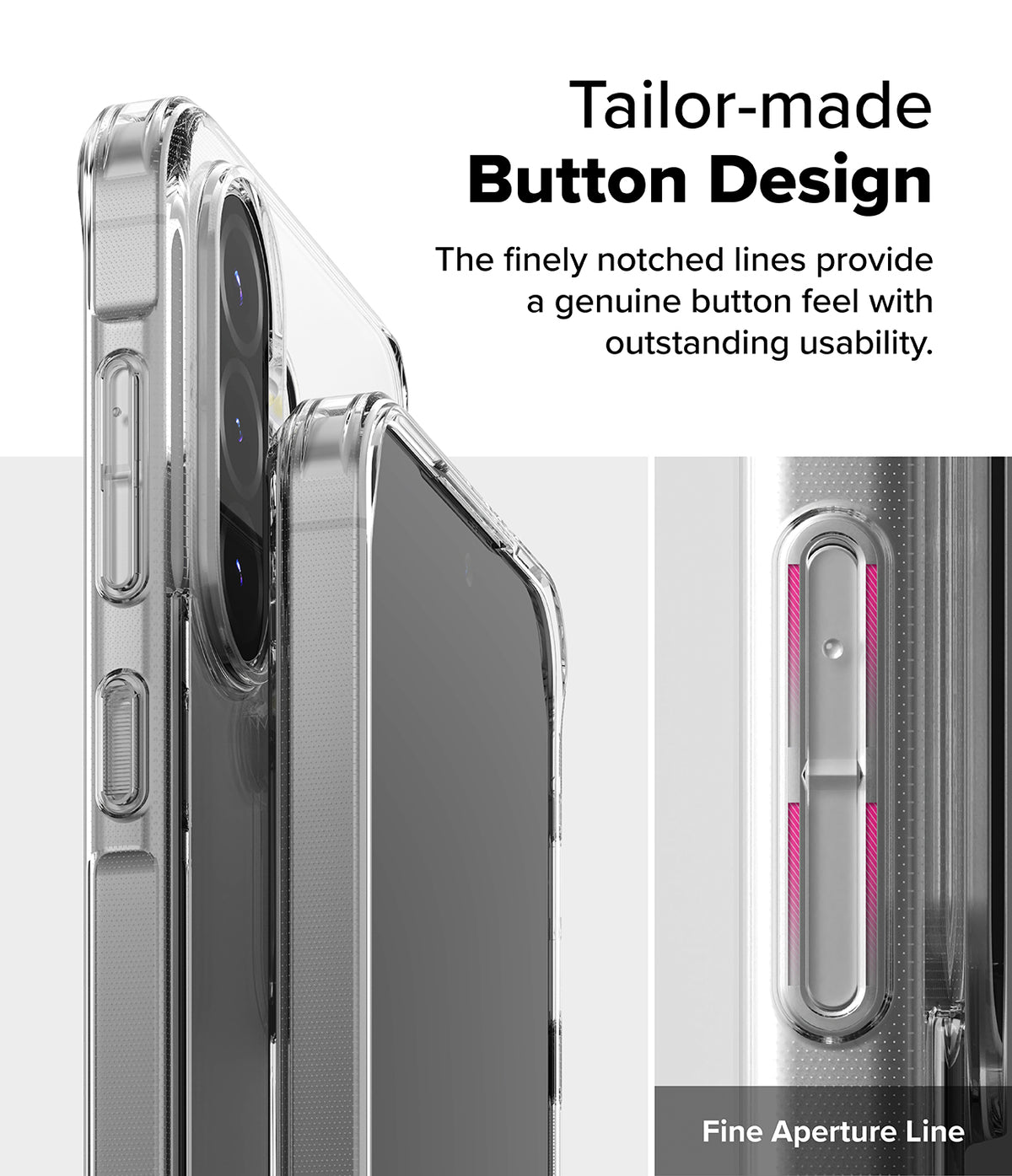 Galaxy A36 / A56 Case | Fusion - Close-up of a clear phone case highlighting the tactile, notched button design.