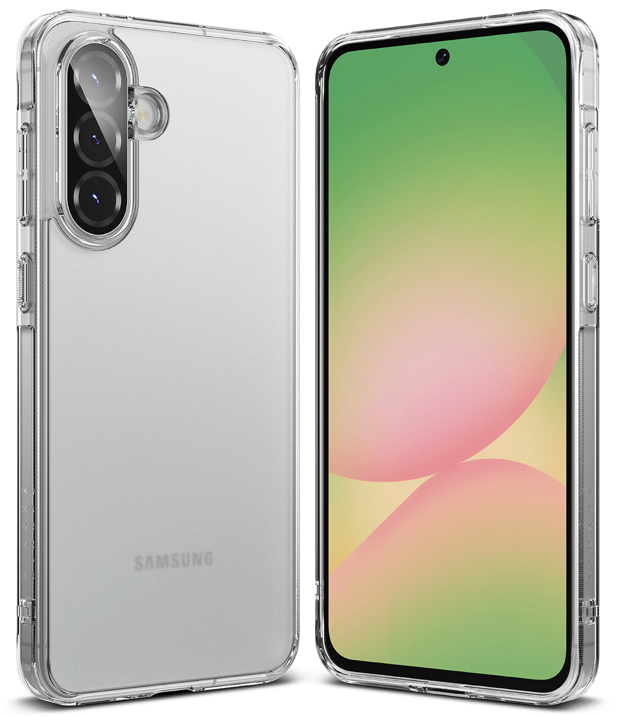 Galaxy A36 / A56 Case | Fusion Matte - Front and back view of a clear, matte phone case on a Samsung Galaxy smartphone.