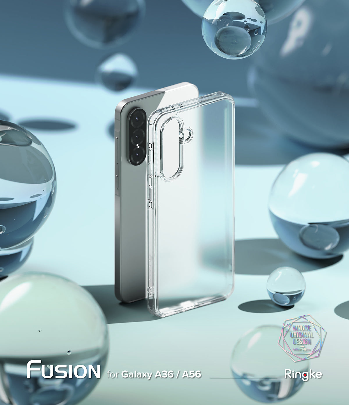 Galaxy A36 / A56 Case | Fusion Matte - A clear phone case standing next to a smartphone amidst floating glass spheres.
