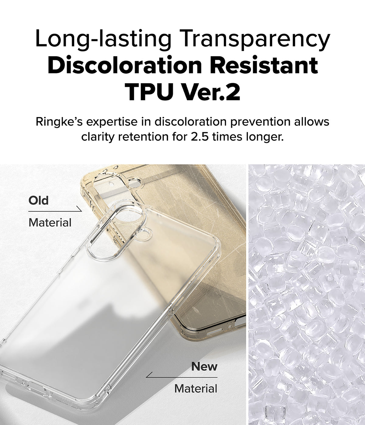 Galaxy A36 / A56 Case | Fusion Matte - Comparison of yellowed old TPU versus clear new TPU material for phone cases.
