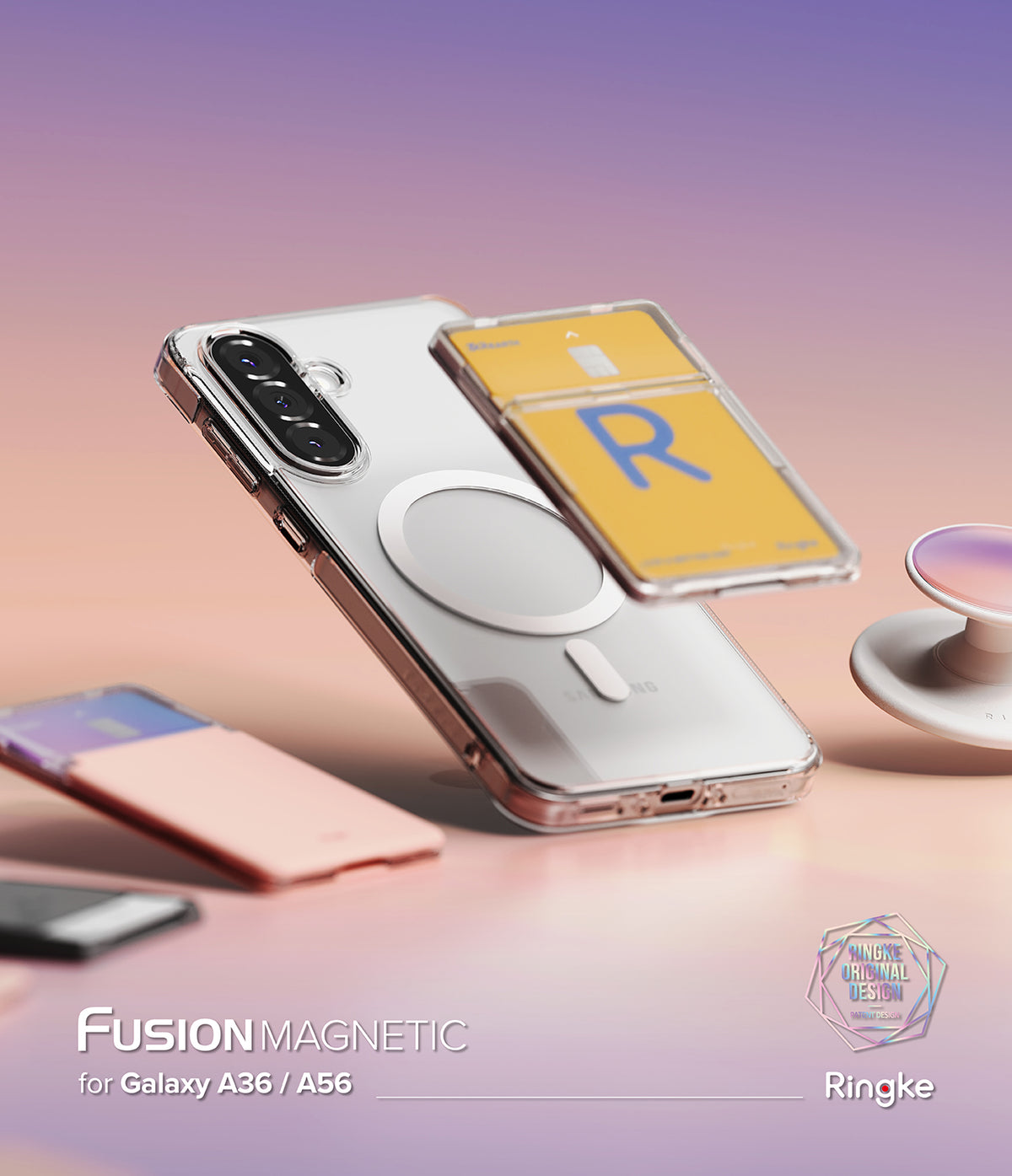 Galaxy A36 / A56 Case | Fusion Magnetic - Clear magnetic phone case with a floating card holder and grip on a gradient background.