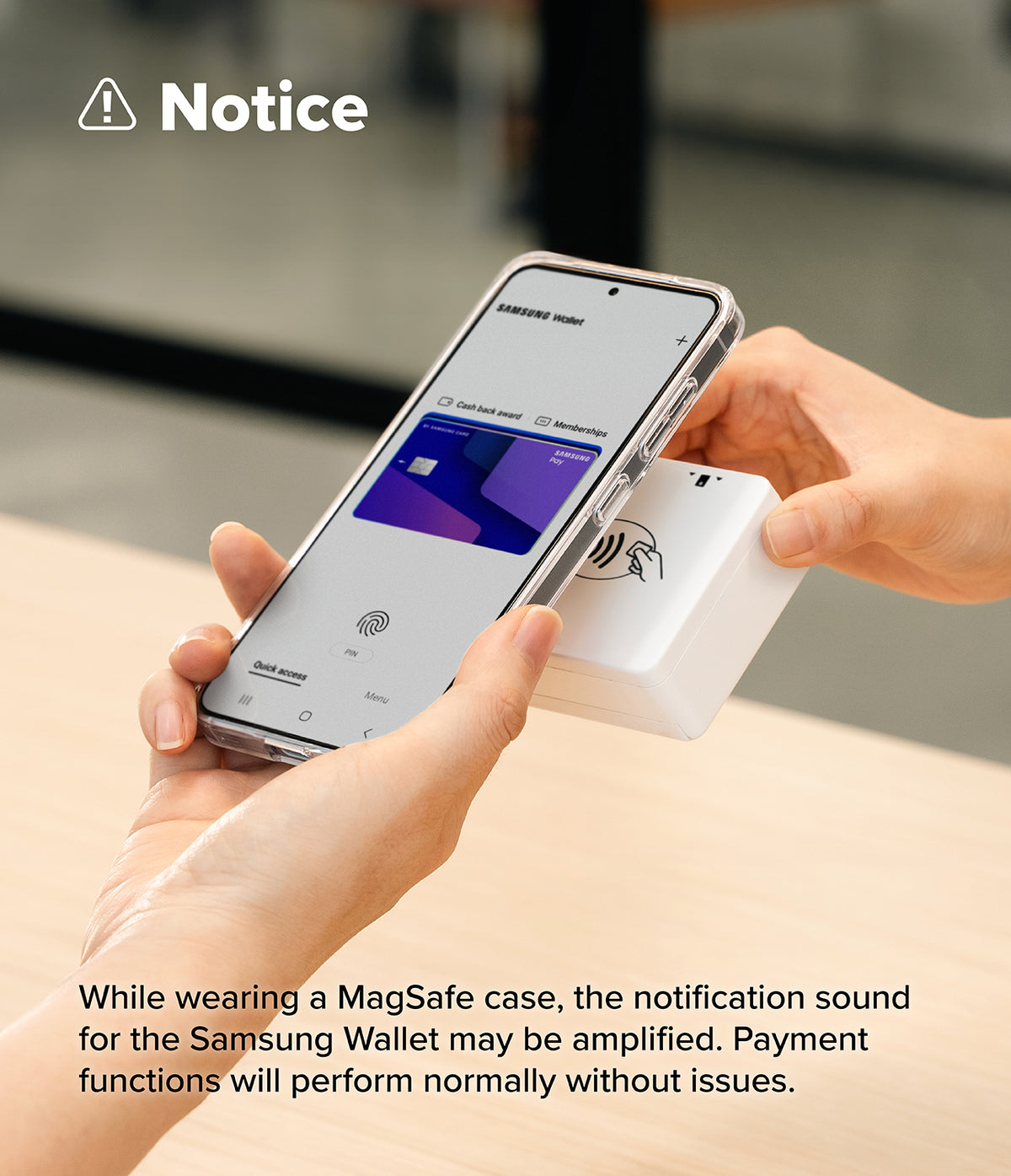 Galaxy A36 / A56 Case | Fusion Magnetic - Hands using a phone in a clear case to make a contactless payment at a terminal.