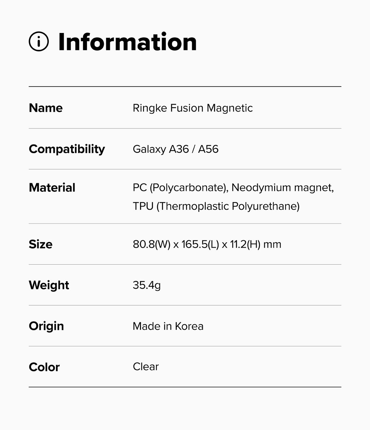 Galaxy A36 / A56 Case | Fusion Magnetic - Information table listing product specs for the clear magnetic phone case.