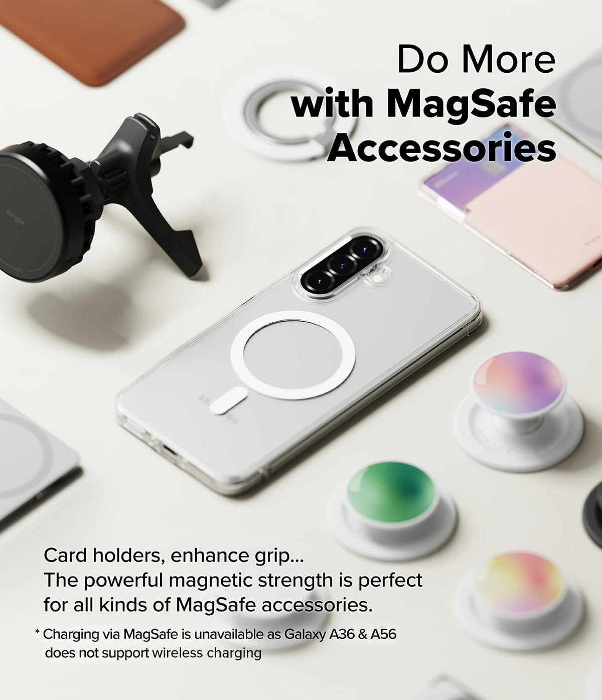 Galaxy A36 / A56 Case | Fusion Magnetic - Clear phone case with magnetic ring surrounded by various MagSafe accessories.