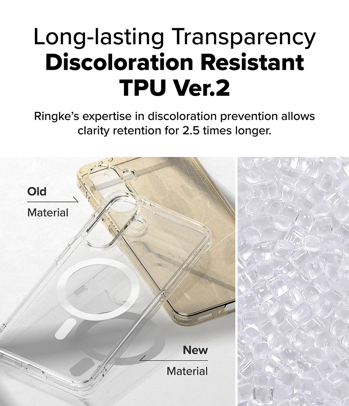 Galaxy A36 / A56 Case | Fusion Magnetic - Comparison of yellowed old TPU vs. clear new TPU material for phone cases.