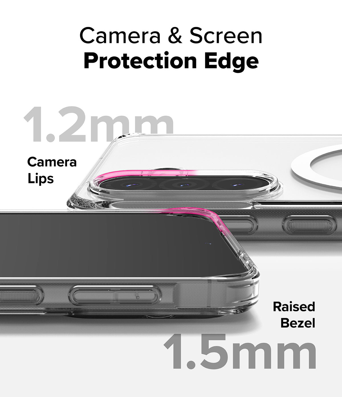Galaxy A36 / A56 Case | Fusion Magnetic - Clear phone case showing 1.2mm camera lips and 1.5mm raised screen bezel.