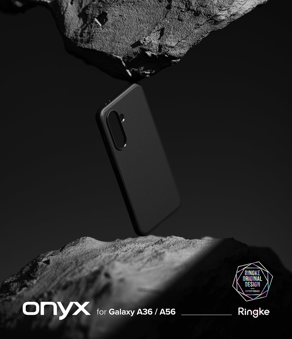 Galaxy A36 / A56 Case | Onyx - Black phone case floating between two jagged, dark rock formations against a black background.