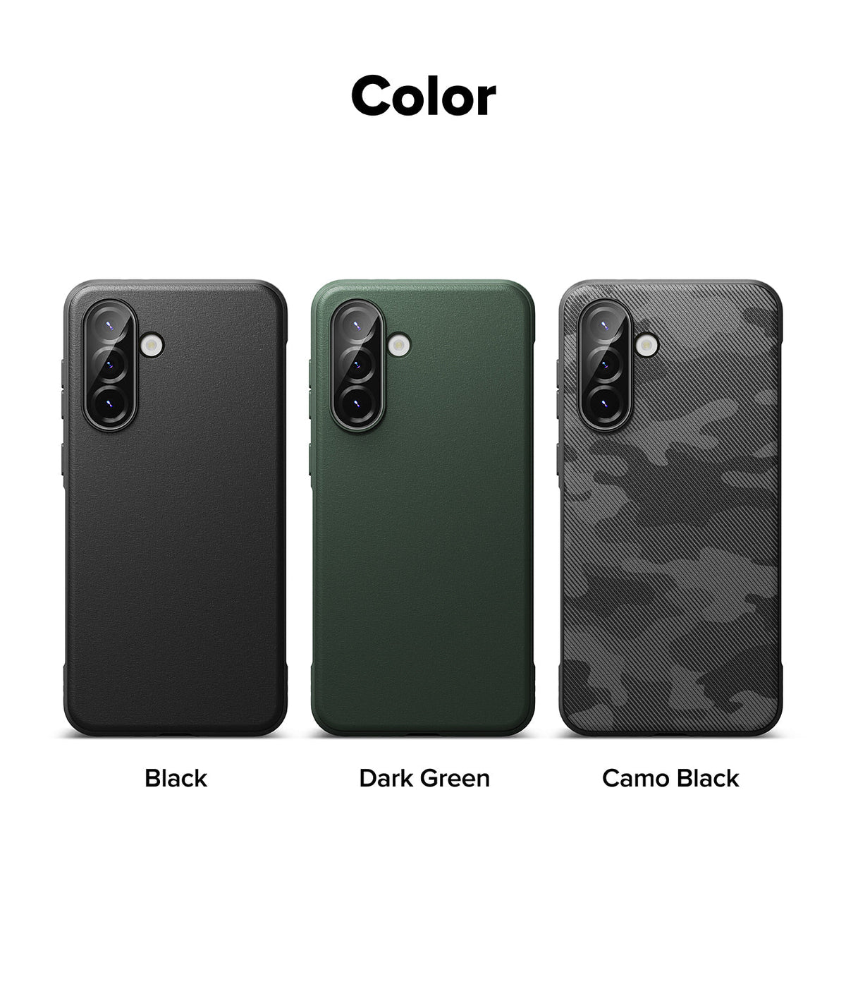 Galaxy A36 / A56 Case | Onyx - Three phone cases in black, dark green, and camo black arranged side-by-side.