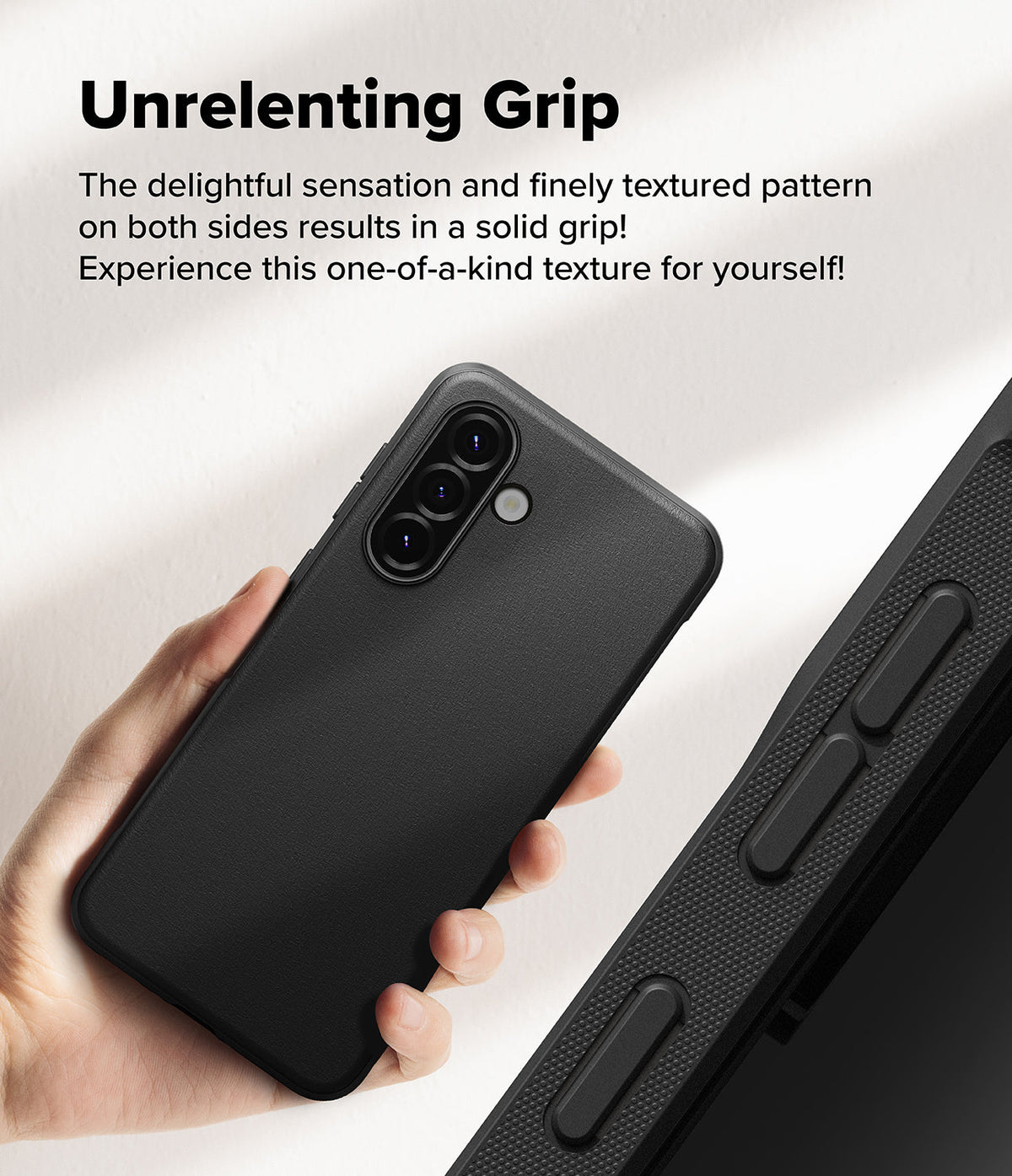 Galaxy A36 / A56 Case | Onyx - Hand holding a black phone case with a textured grip and triple camera cutout.