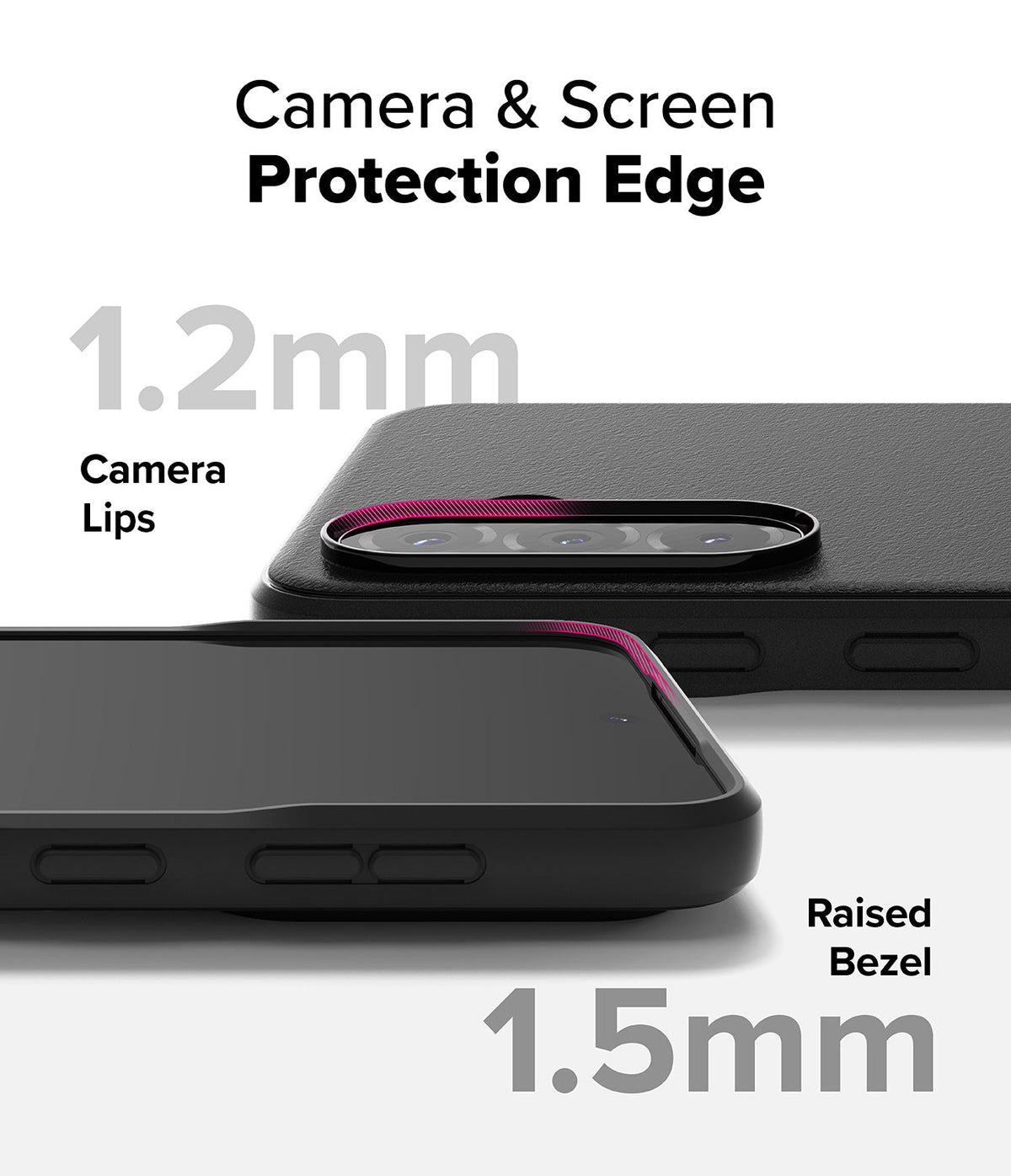 Galaxy A36 / A56 Case | Onyx - Close-up of phone case showing 1.2mm camera lips and 1.5mm raised screen bezel for protection.