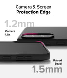 Galaxy A36 / A56 Case | Onyx - Close-up of phone case showing 1.2mm camera lips and 1.5mm raised screen bezel for protection.
