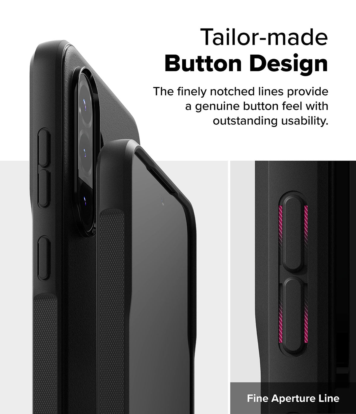 Galaxy A36 / A56 Case | Onyx - Close-up of black phone case buttons with textured, notched edges for tactile feedback.